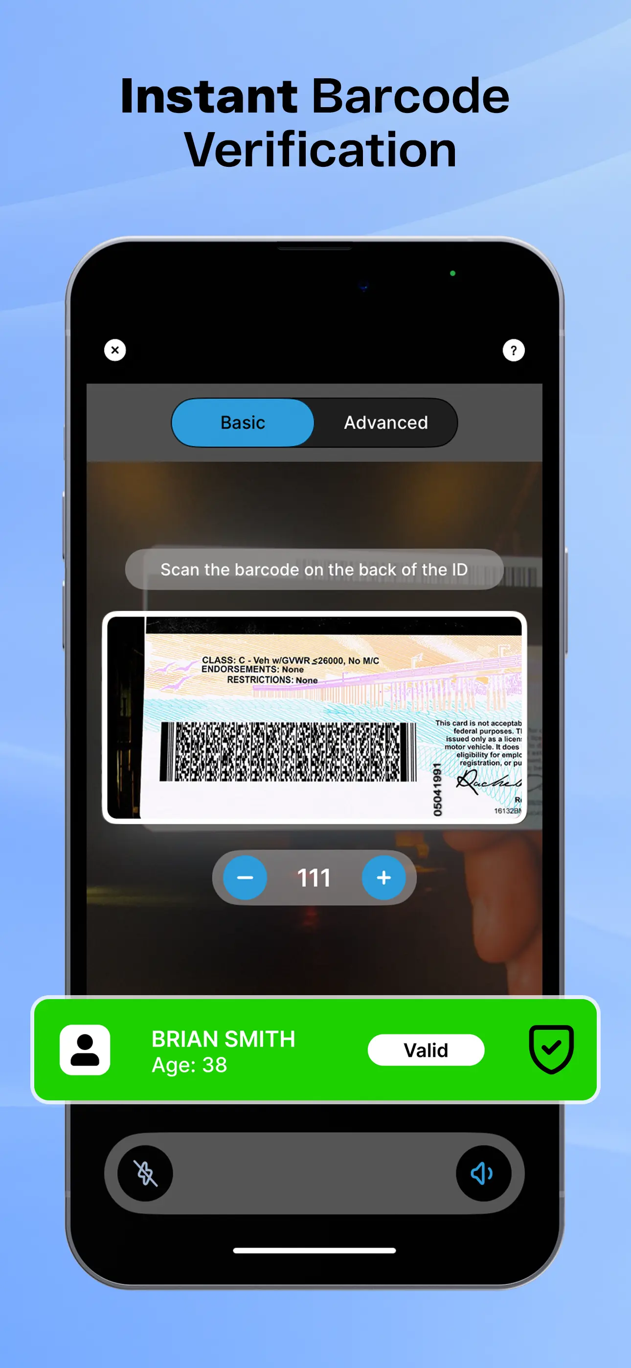 IVO app showing instant barcode verification with a Valid result