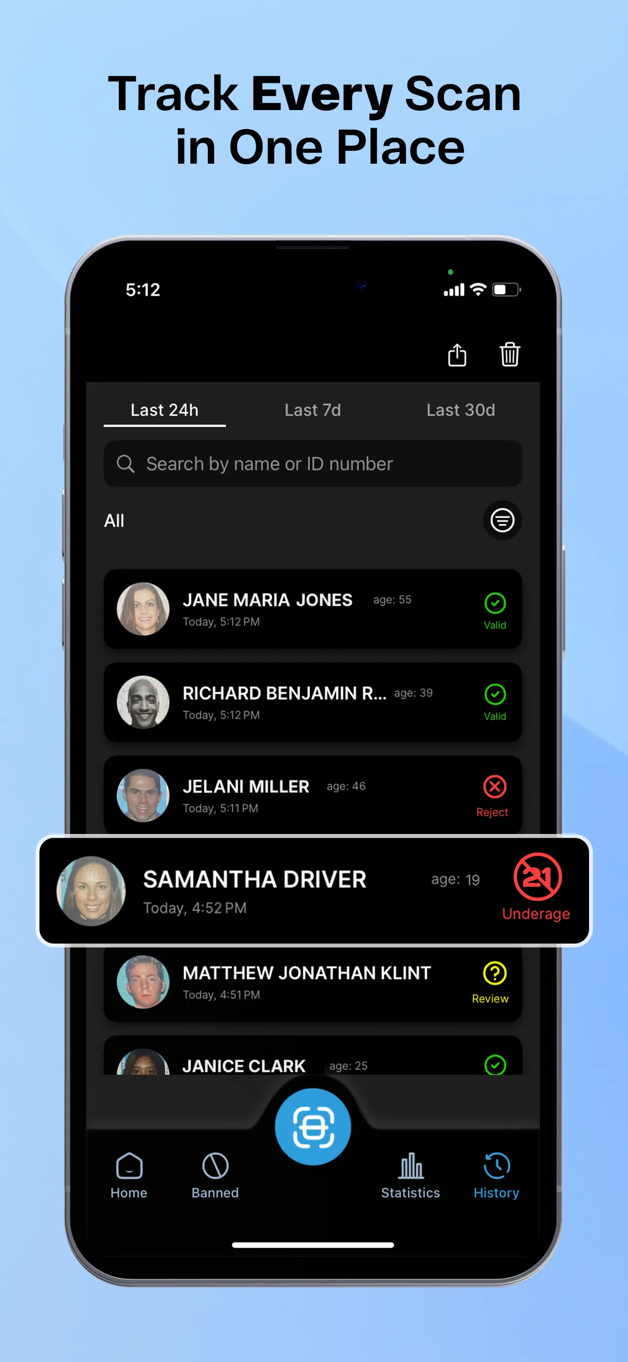IVO scan history screen showing detailed scan records